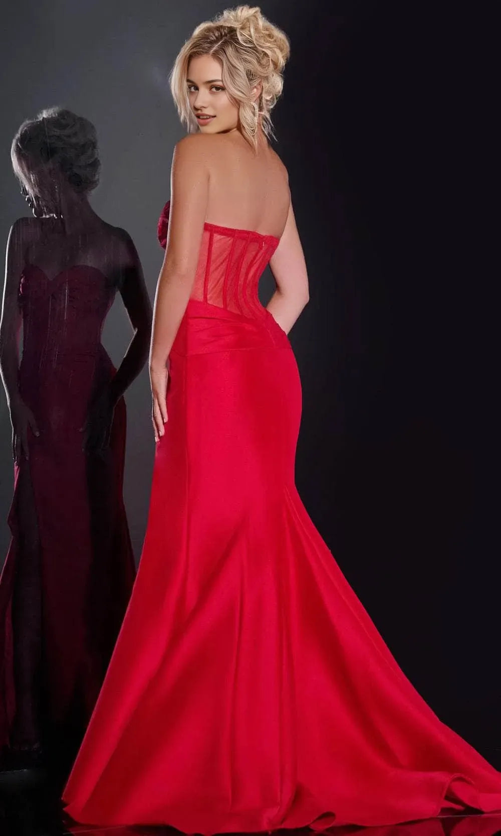 Glamorous Red Satin Strapless Prom Dress with Sheer Corset Detailing and High Slit