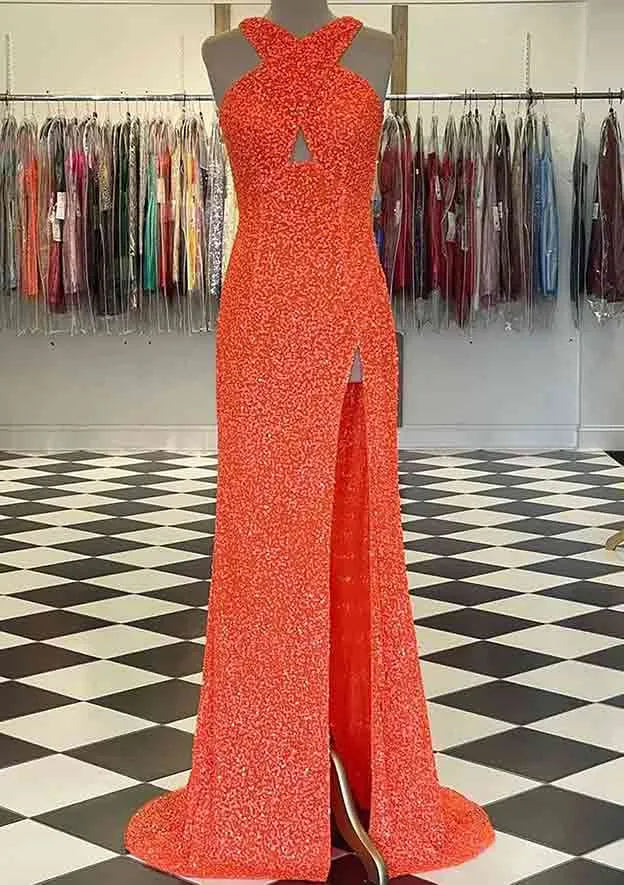 Glamorous Red Sequin Ball Gown with Crisscross Halter Neck Cut Out Front Side Slit  Perfect for Retro Themed Proms Old Hollywood Galas Opulent Evening Affairs ﻿