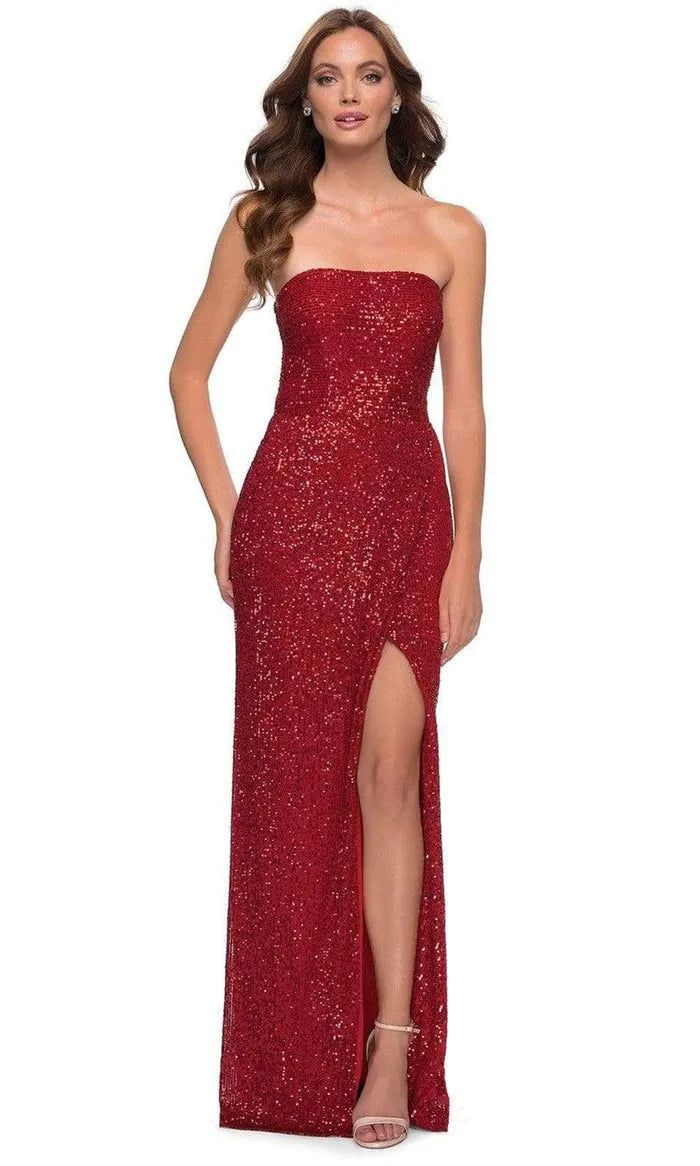 Glamorous Red Sequin Strapless Prom Dress with High Side Slit for Sparkling Evenings