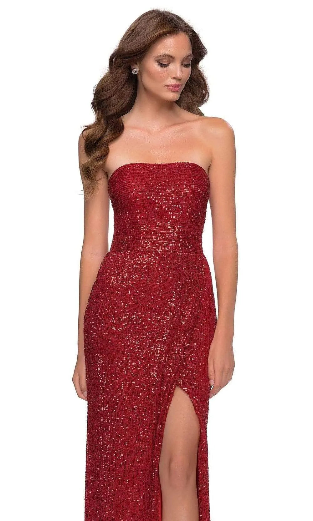 Glamorous Red Sequin Strapless Prom Dress with High Side Slit for Sparkling Evenings
