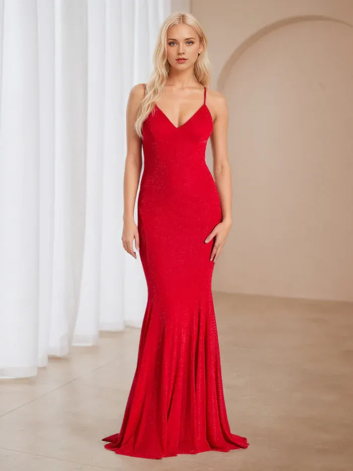 Glamorous Red Sparkle Mermaid Prom Dress Spaghetti Straps Deep V - Neck