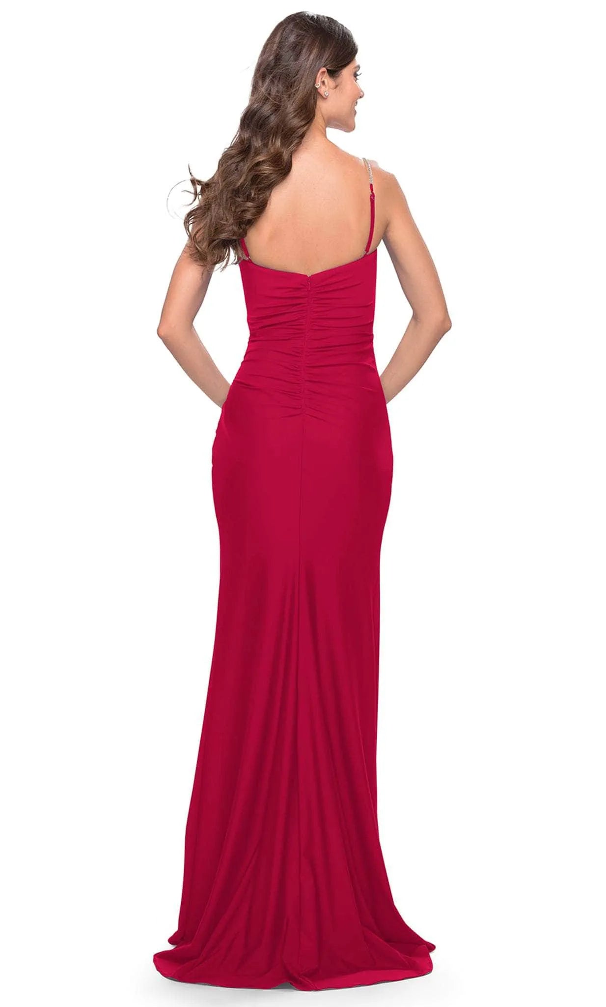 Glamorous Red Sweetheart Neckline Evening Gown with Rhinestone Embellished Straps Draped Bodice and High Side Slit