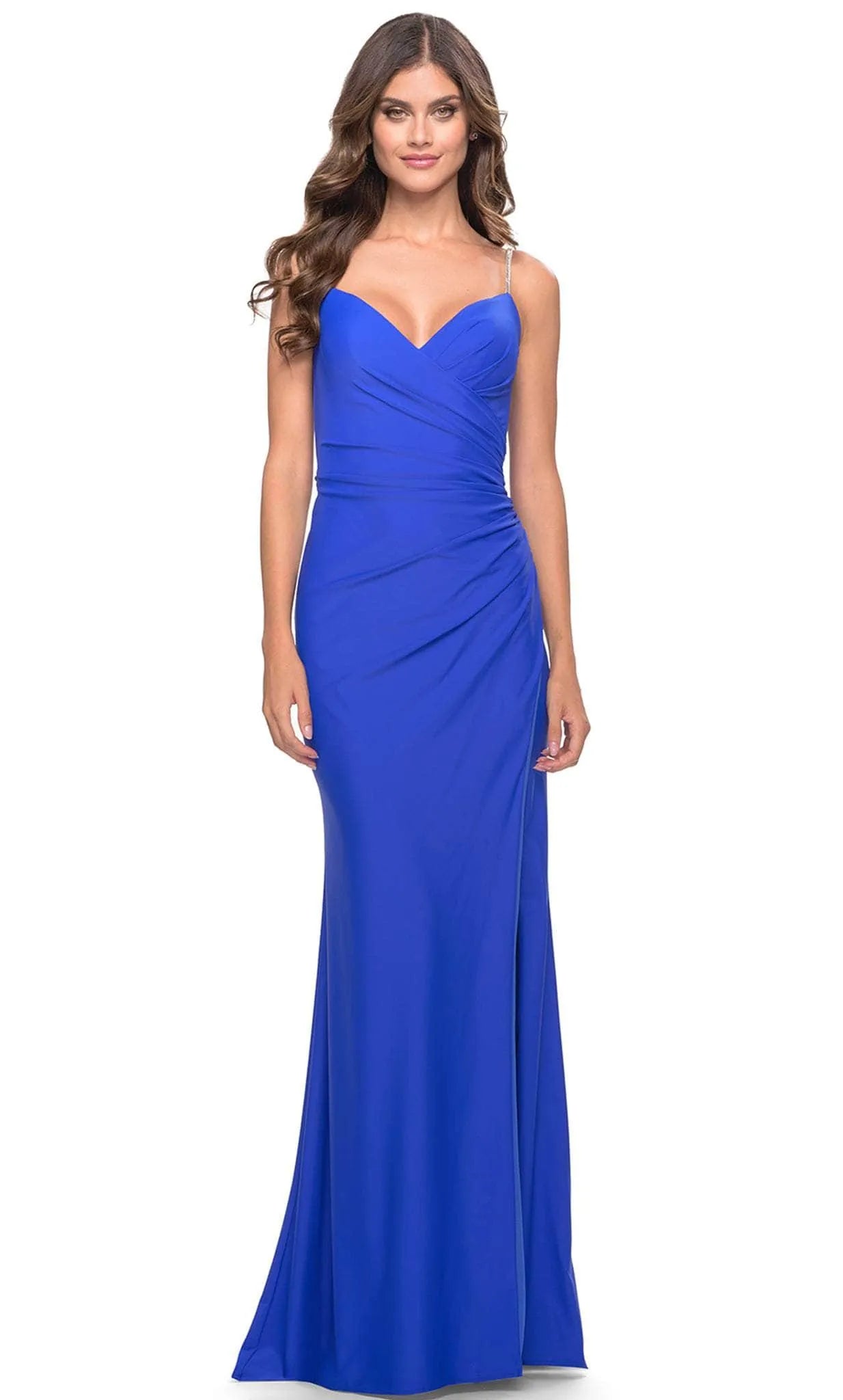Glamorous Red Sweetheart Neckline Evening Gown with Rhinestone Embellished Straps Draped Bodice and High Side Slit
