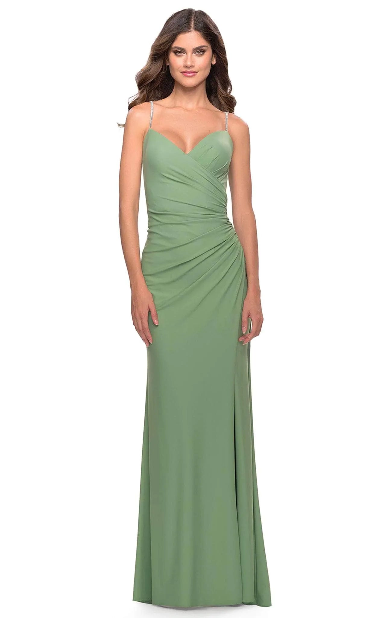 Glamorous Red Sweetheart Neckline Evening Gown with Rhinestone Embellished Straps Draped Bodice and High Side Slit