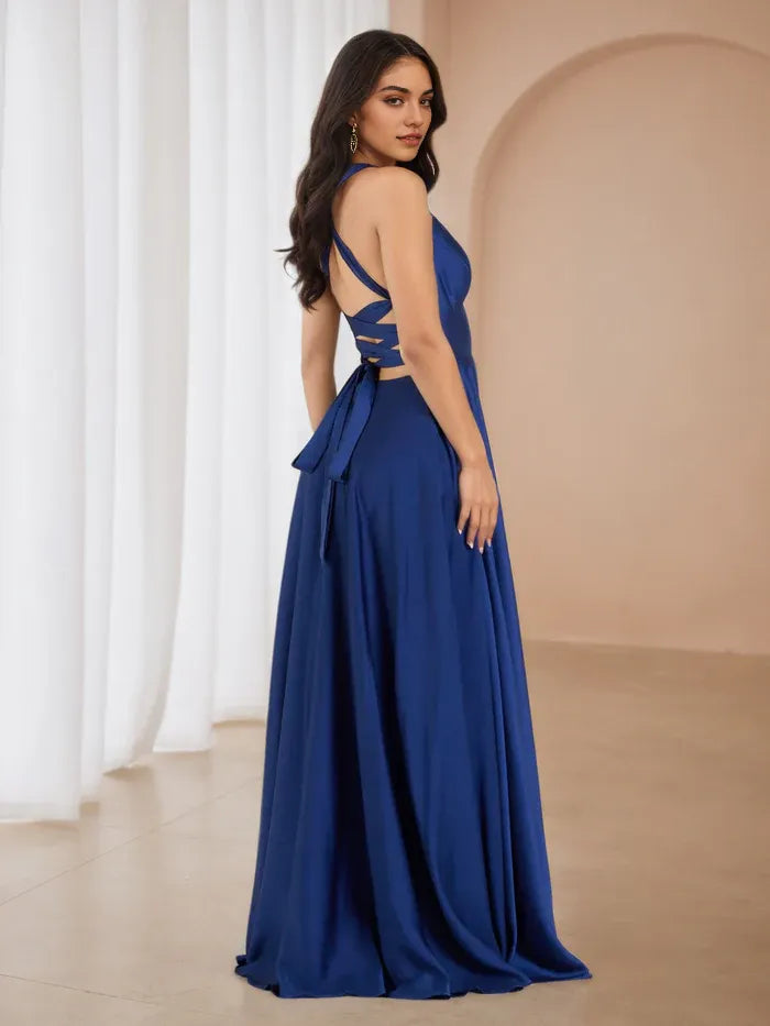 Glamorous Royal Blue Satin Halter Dress Side Slit and for Formal Events