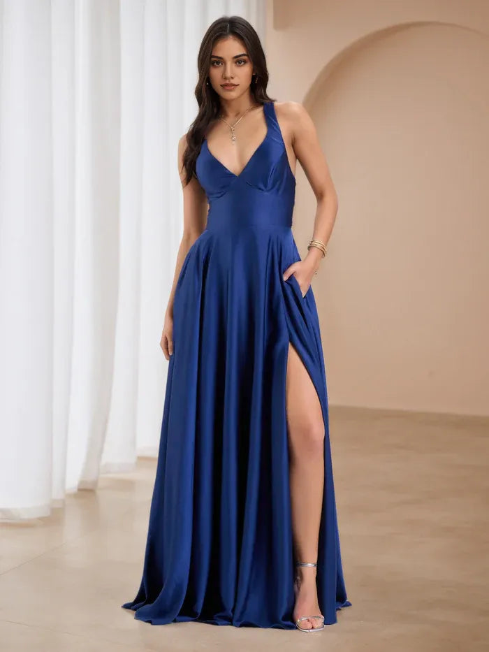 Glamorous Royal Blue Satin Halter Dress Side Slit and for Formal Events