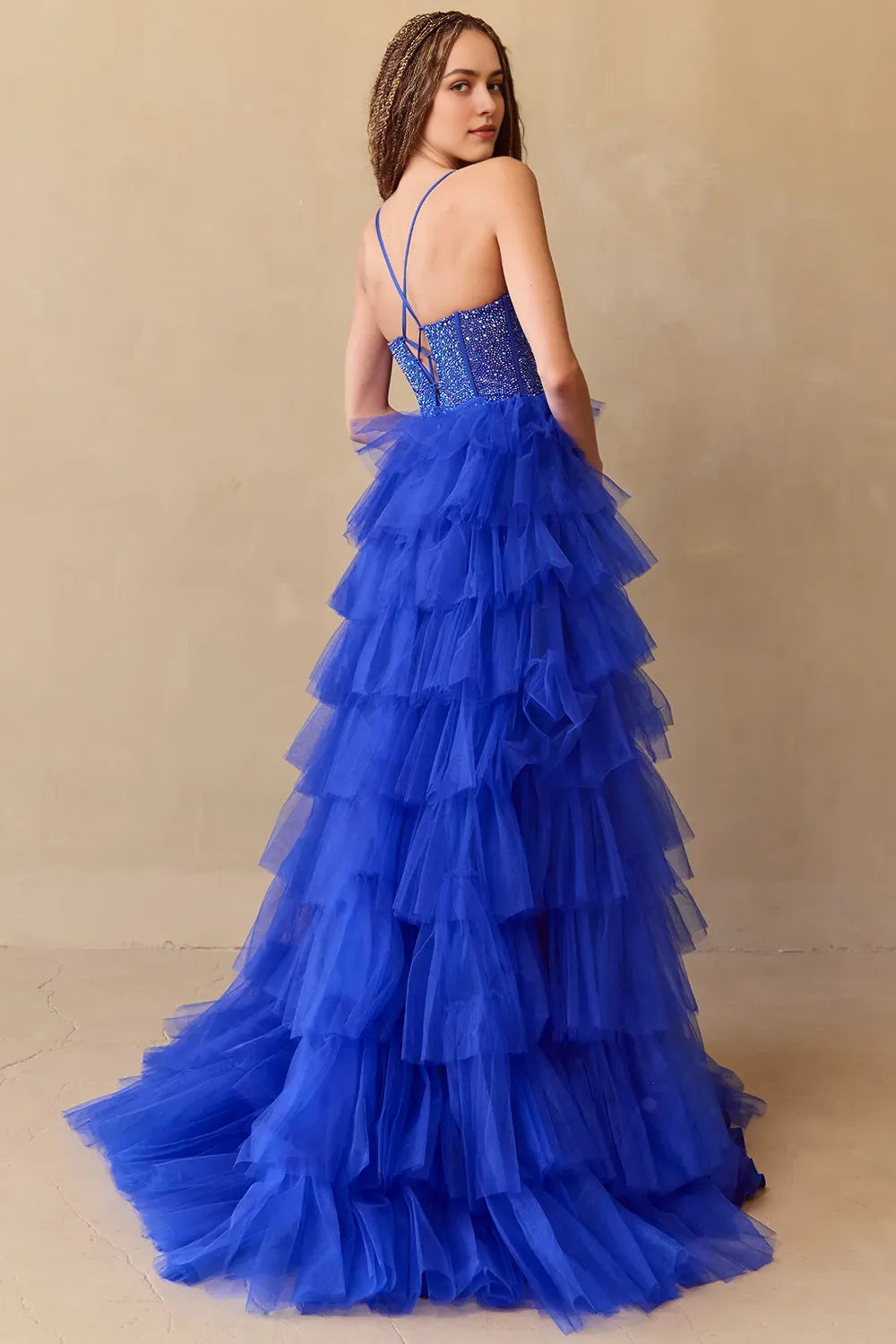 Glamorous Royal Blue Tulle Prom Dress with Sequined Corset Bodice Tiered Ruffles and High Side Slit for Formal Occasions