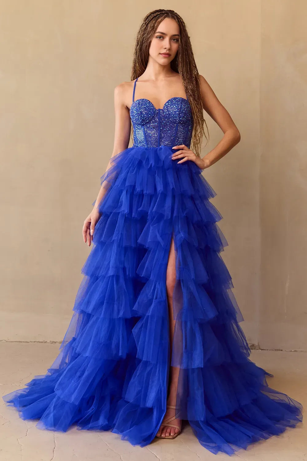 Glamorous Royal Blue Tulle Prom Dress with Sequined Corset Bodice Tiered Ruffles and High Side Slit for Formal Occasions