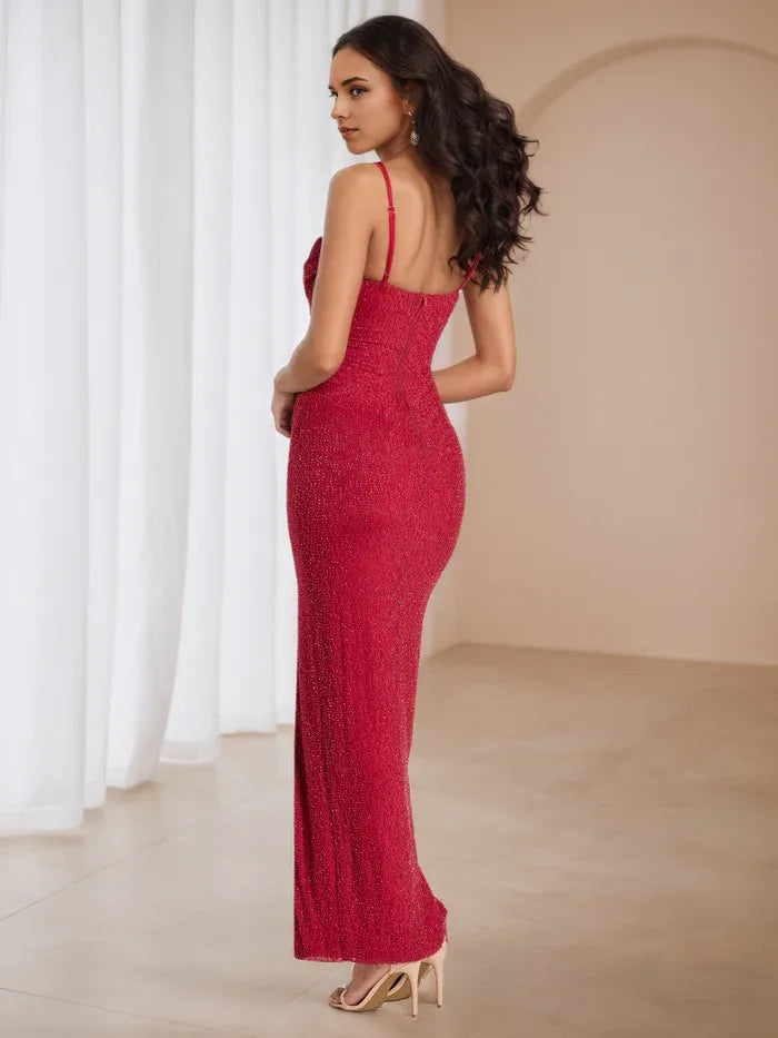 Glamorous Ruby Red Glitter Prom Dress Cowl Neckline Straps Sculpted Silhouette to Elevate Gala Style