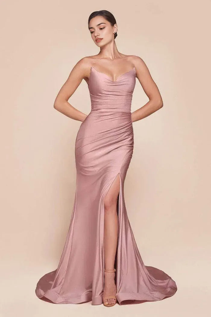 Glamorous Ruched Satin Mermaid Gown in Blush Pink Sweetheart Neckline Side Slit Ideal for Prom Nights