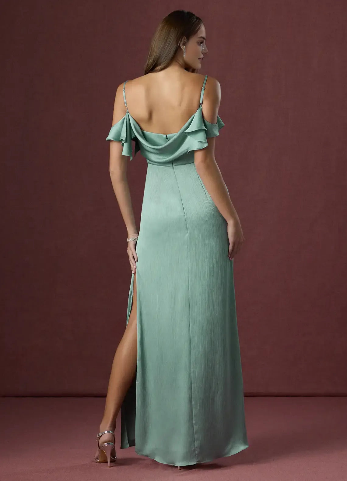 Glamorous Sage Green Prom Gown Cold  Shoulder Ruffled Straps Ruched Bodice Satin Fabric and Side Slit for Memorable Evenings