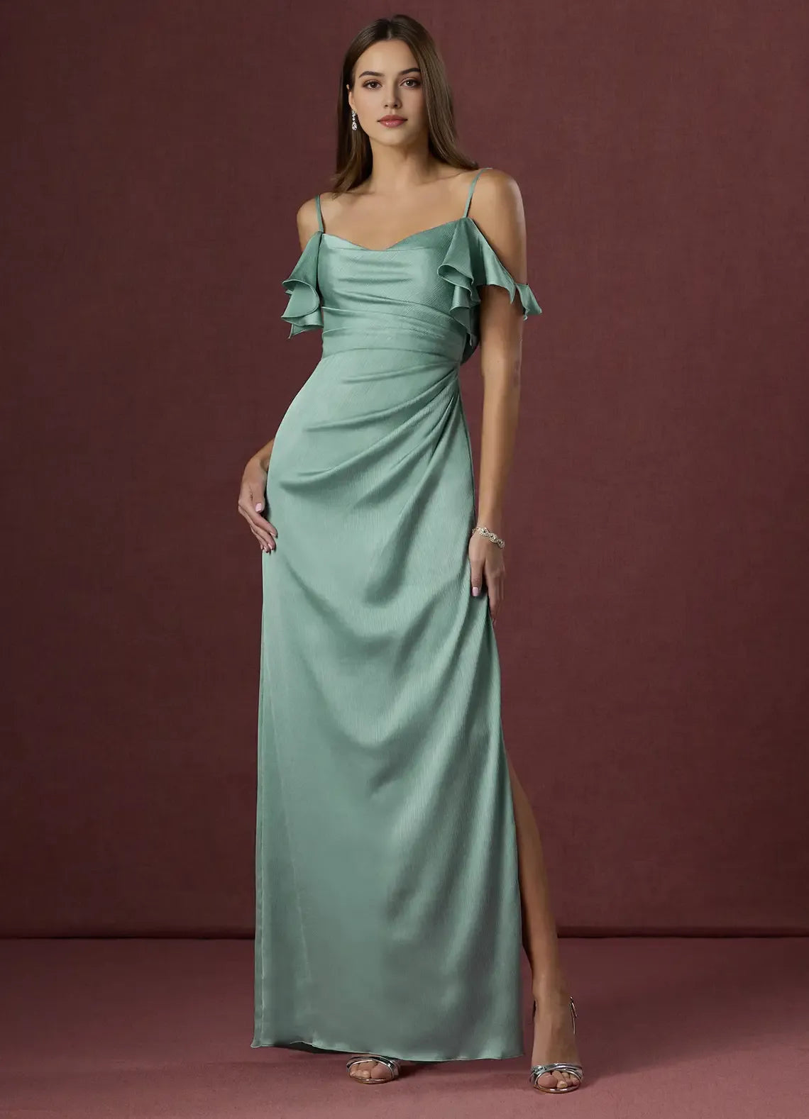 Glamorous Sage Green Prom Gown Cold  Shoulder Ruffled Straps Ruched Bodice Satin Fabric and Side Slit for Memorable Evenings