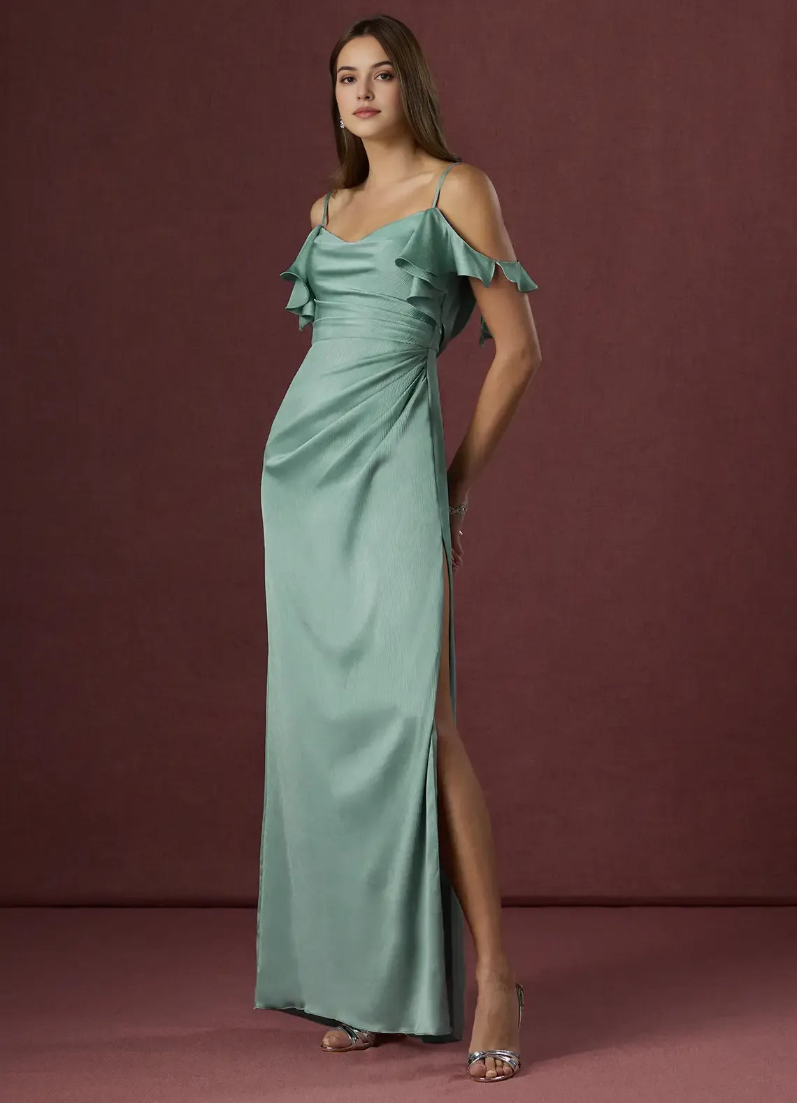 Glamorous Sage Green Prom Gown Cold  Shoulder Ruffled Straps Ruched Bodice Satin Fabric and Side Slit for Memorable Evenings
