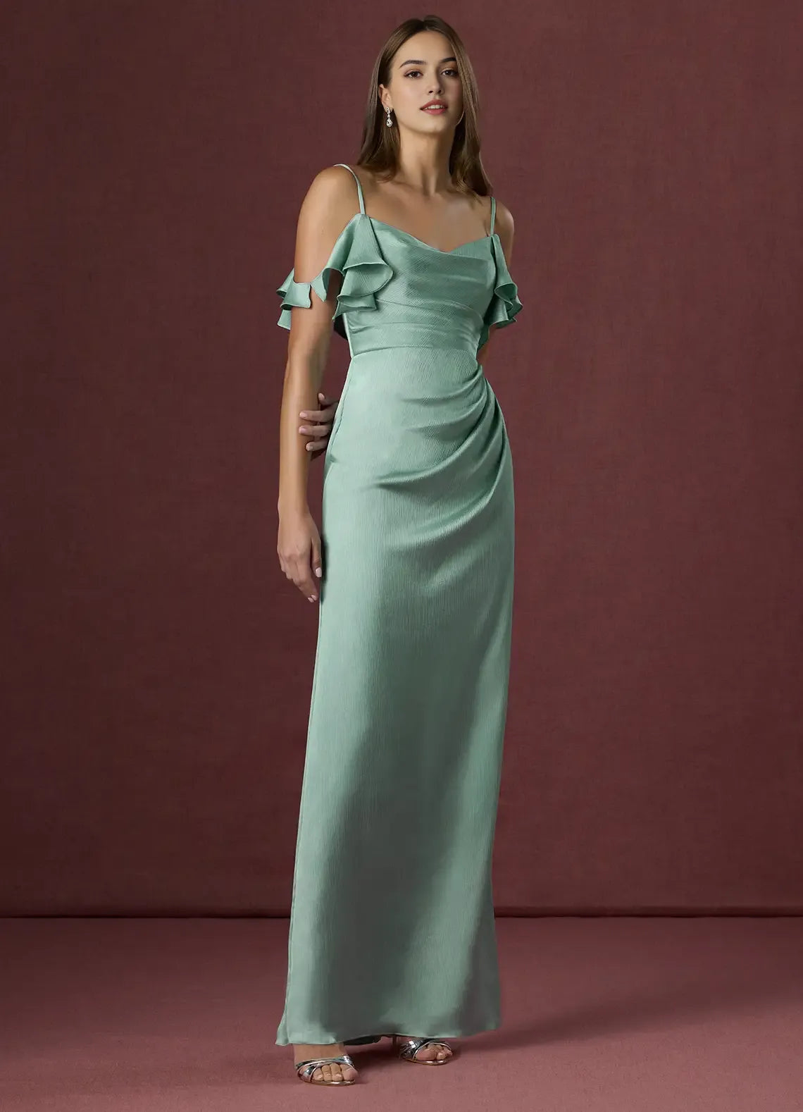 Glamorous Sage Green Prom Gown Cold  Shoulder Ruffled Straps Ruched Bodice Satin Fabric and Side Slit for Memorable Evenings