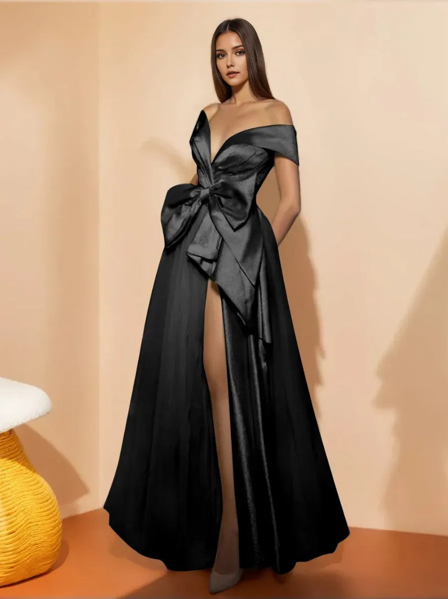 Glamorous Satin A-Line Off-the-Shoulder Sleeveless Tulle Back Zip High-Slit Floor-Length Prom Evening Dresses with Split Slit & Bow