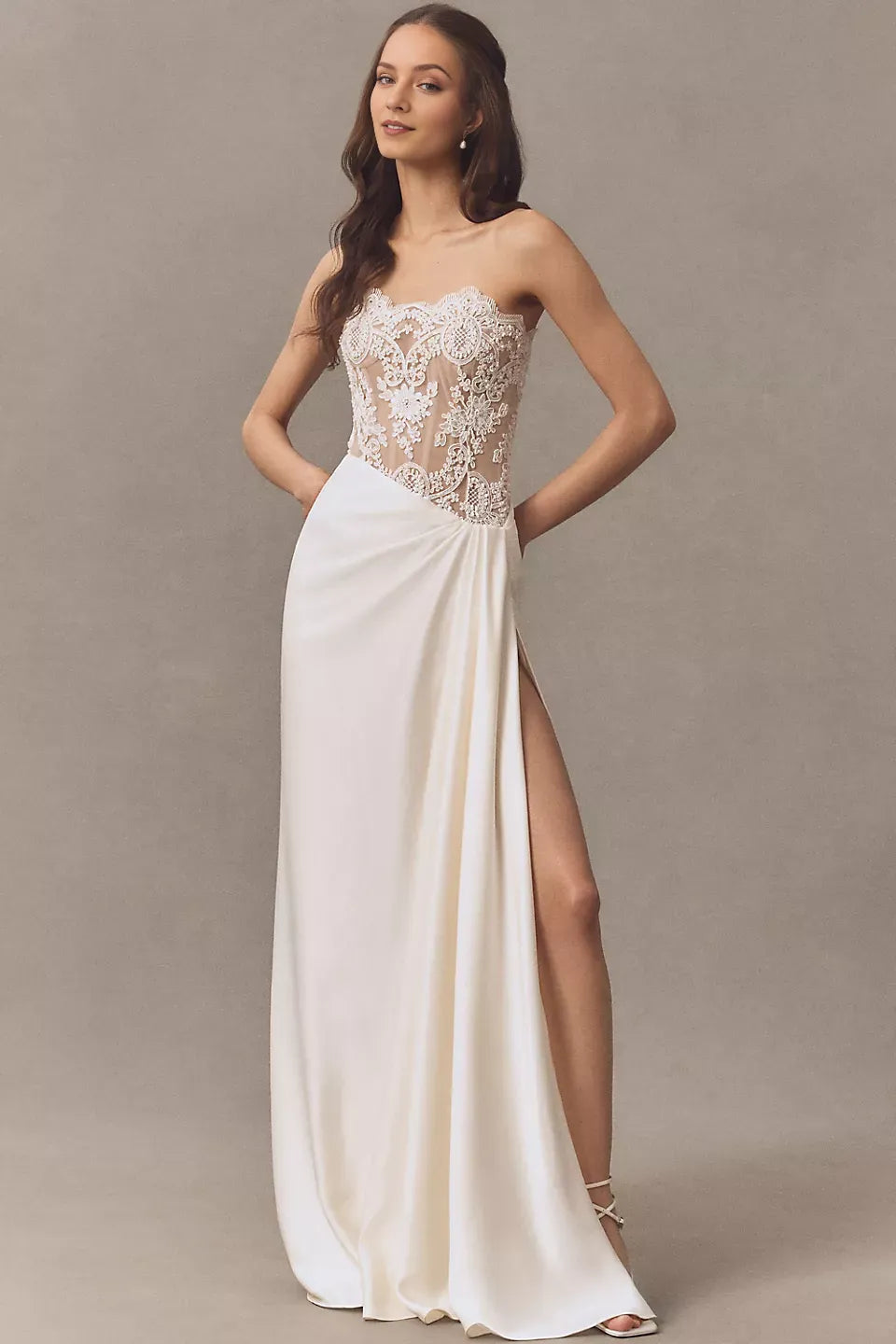 Glamorous Satin Sheath Strapless neckline Lace Sleeveless Back Zip Side-Slit Floor-Length Wedding Dresses for bride