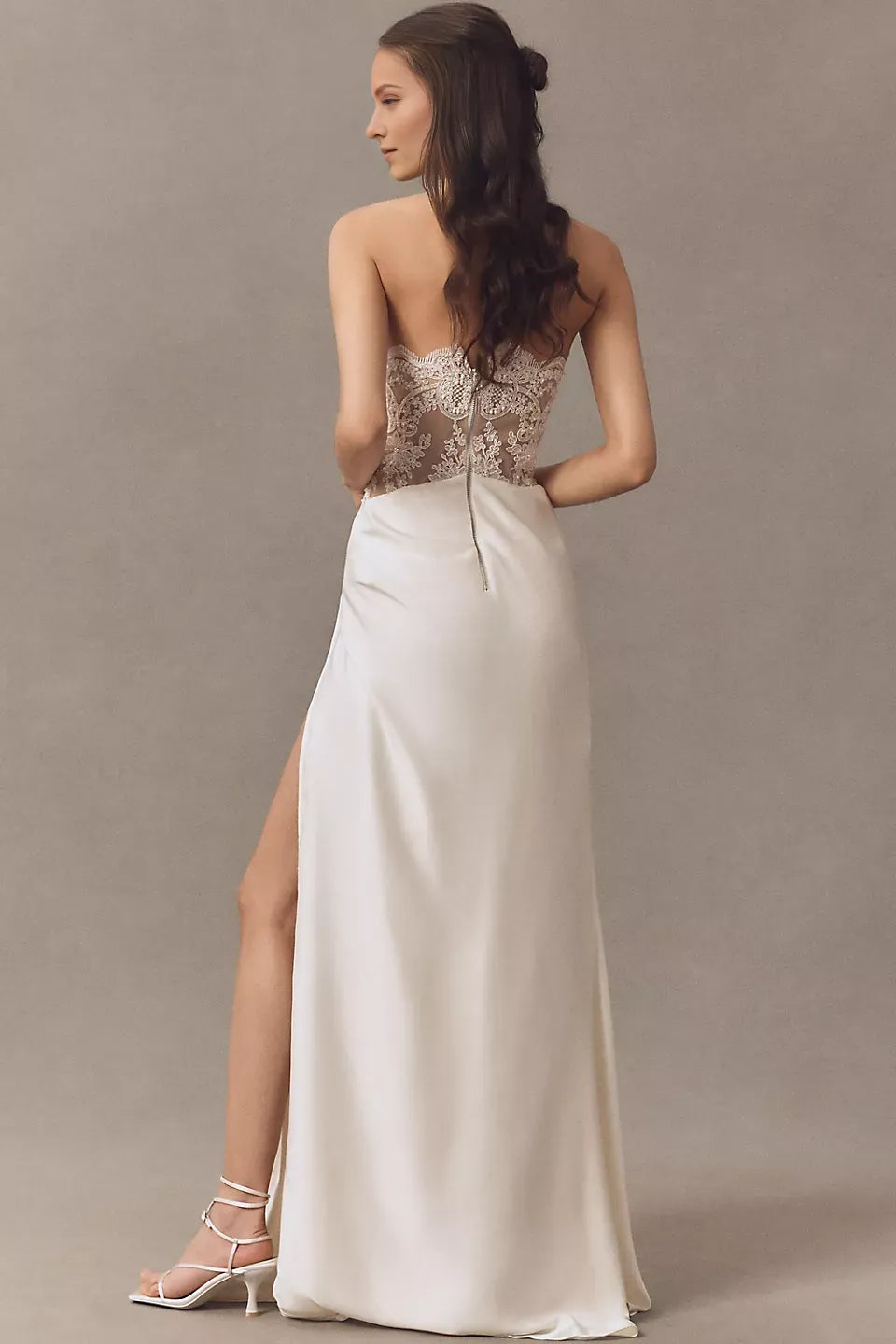 Glamorous Satin Sheath Strapless neckline Lace Sleeveless Back Zip Side-Slit Floor-Length Wedding Dresses for bride