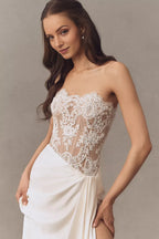 Glamorous Satin Sheath Strapless neckline Lace Sleeveless Back Zip Side-Slit Floor-Length Wedding Dresses for bride