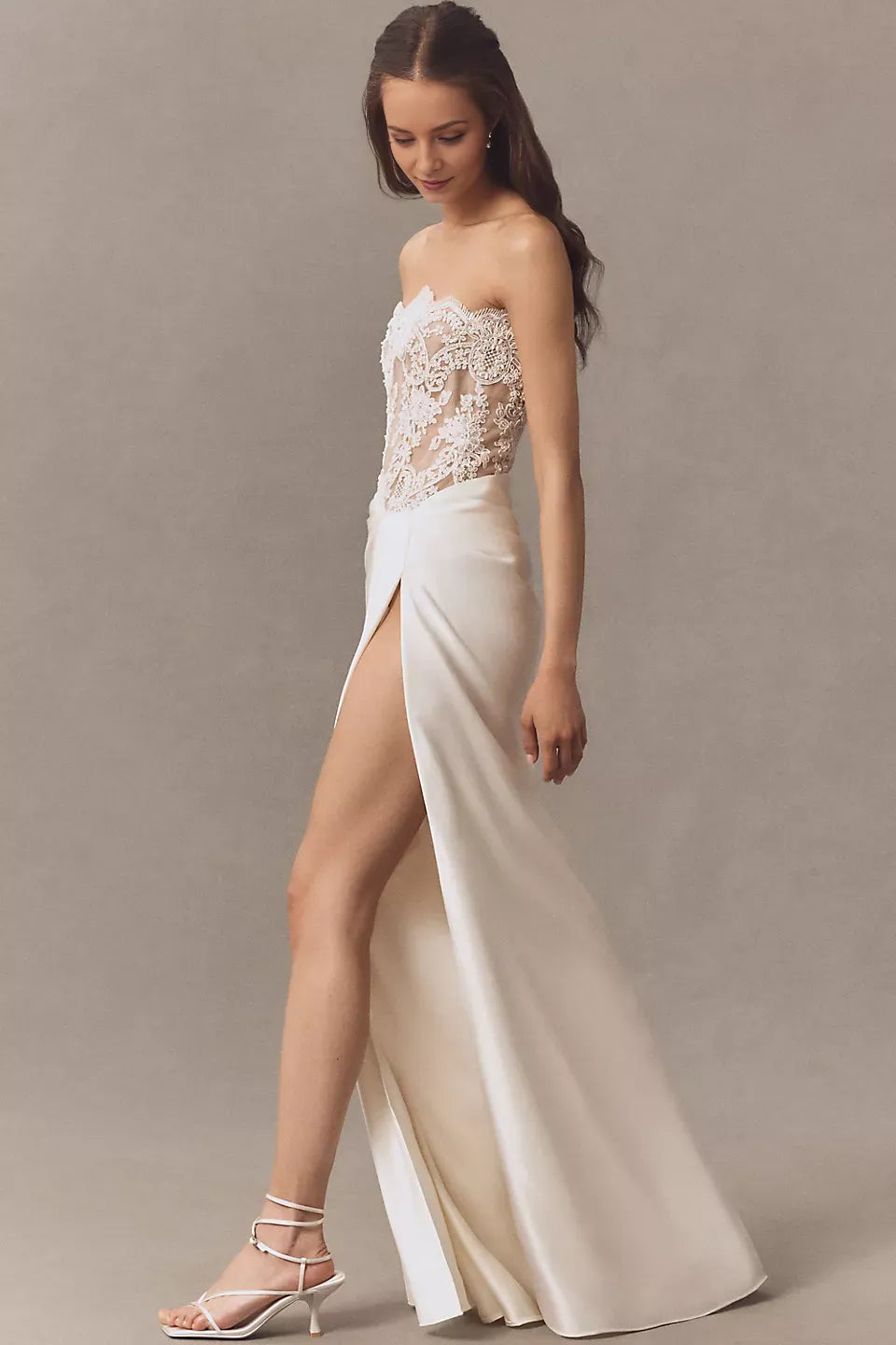 Glamorous Satin Sheath Strapless neckline Lace Sleeveless Back Zip Side-Slit Floor-Length Wedding Dresses for bride