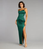 Glamorous Sheath Cowl Neckline Spaghetti Straps Back Zip Floor-Length High side slit Prom Dresses
