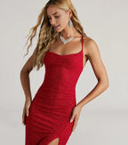 Glamorous Sheath Glitter Cowl Neck Spaghetti Straps Cross back Floor-Length Side Leg Slit Prom Dresses