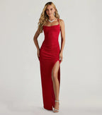 Glamorous Sheath Glitter Cowl Neck Spaghetti Straps Cross back Floor-Length Side Leg Slit Prom Dresses