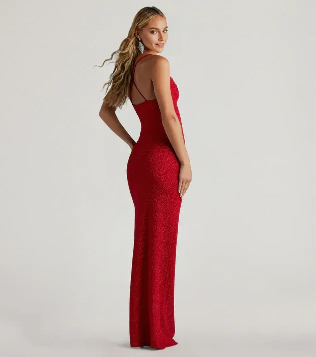Glamorous Sheath Glitter Cowl Neck Spaghetti Straps Cross back Floor-Length Side Leg Slit Prom Dresses