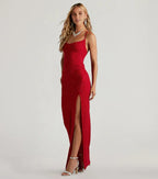 Glamorous Sheath Glitter Cowl Neck Spaghetti Straps Cross back Floor-Length Side Leg Slit Prom Dresses