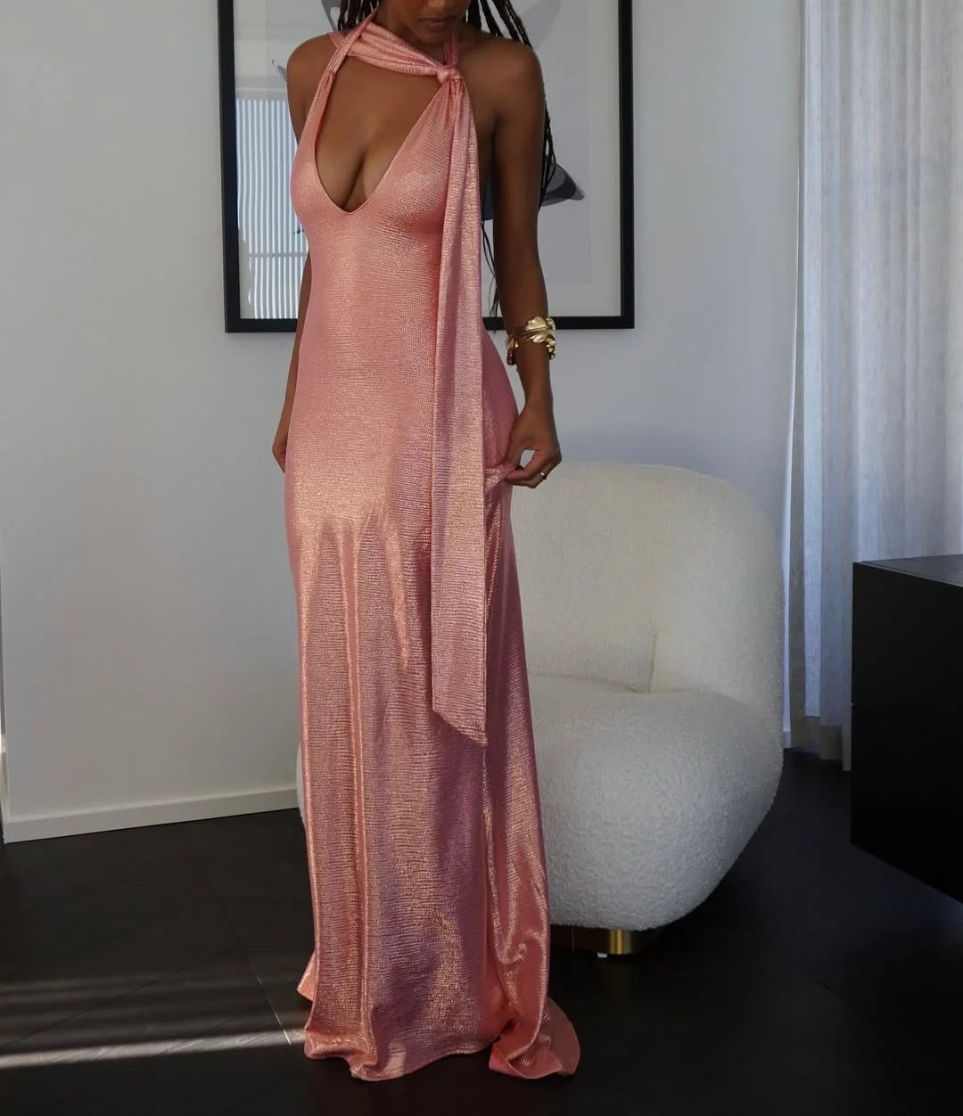 Glamorous Sheath Halter Metallic Blush Floor-Length Prom Dress