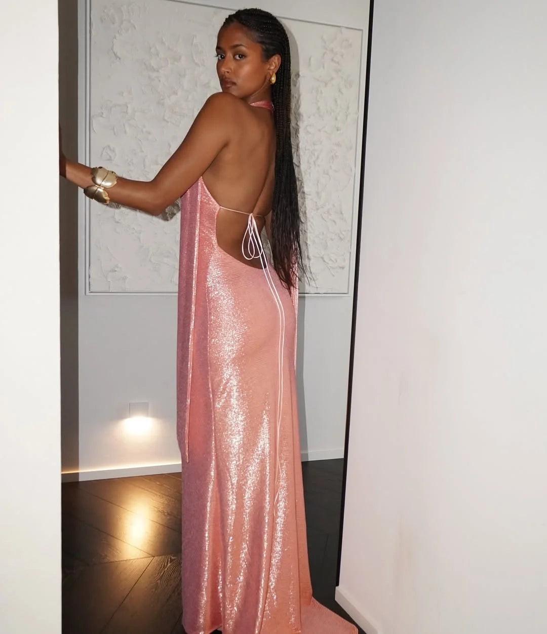 Glamorous Sheath Halter Metallic Blush Floor-Length Prom Dress