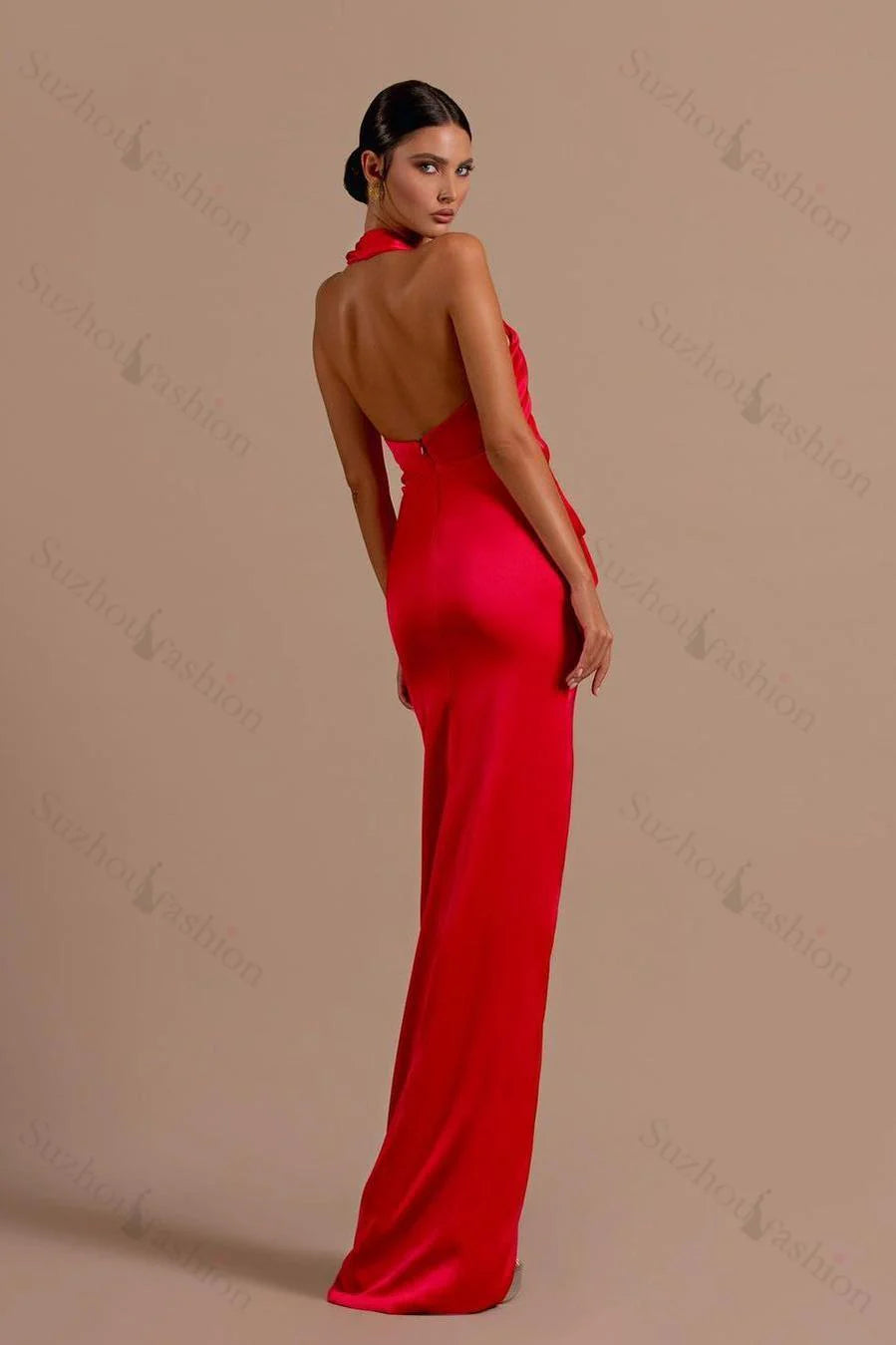 Glamorous Sheath Halter Sleeveless Ruched Red Floor-Length Evening Dress