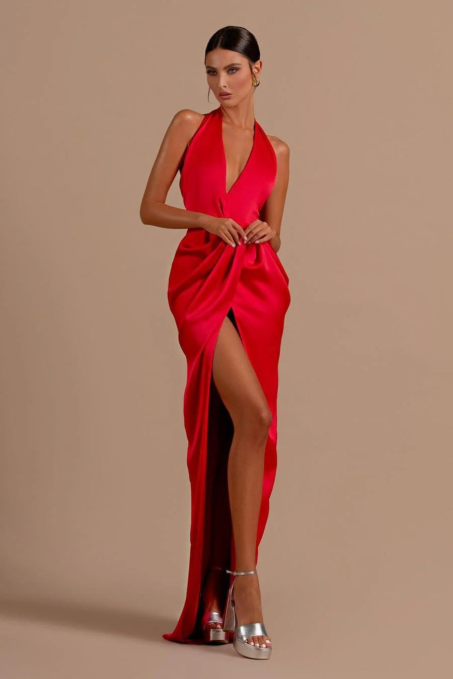 Glamorous Sheath Halter Sleeveless Ruched Red Floor-Length Prom Dress