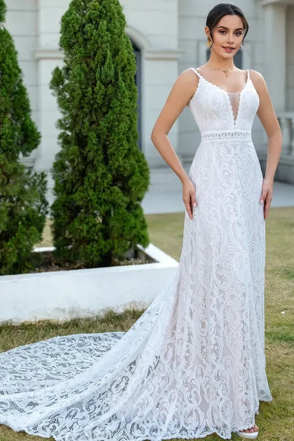 Glamorous Sheath Low V Neck Spaghetti-Strap Lace-Embroidered Open-Back Court Train Wedding Dress