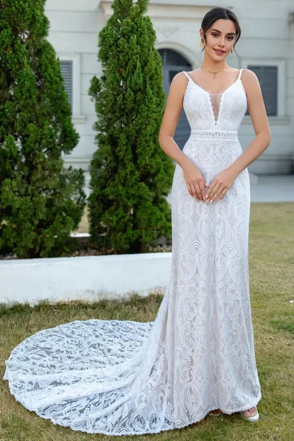 Glamorous Sheath Low V Neck Spaghetti-Strap Lace-Embroidered Open-Back Court Train Wedding Dress