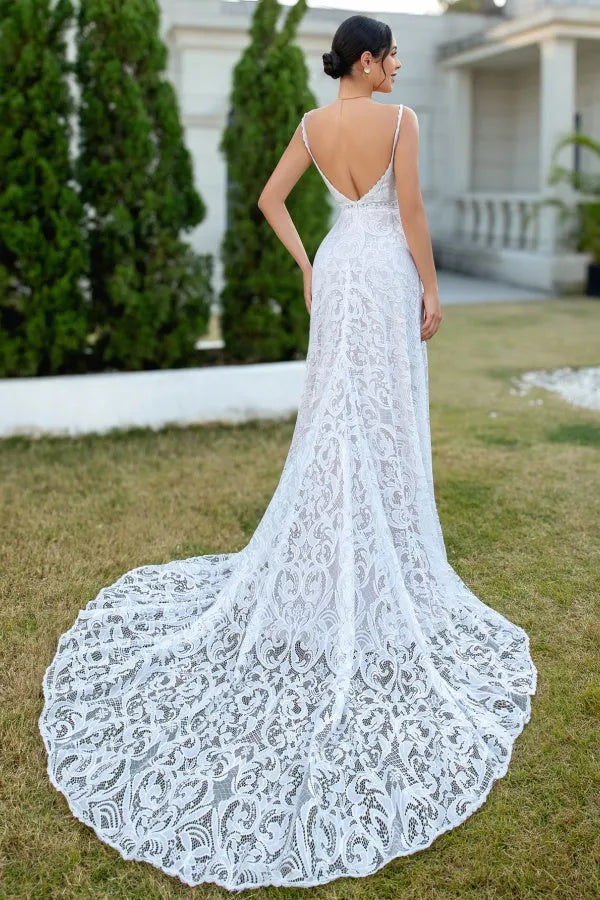 Glamorous Sheath Low V Neck Spaghetti-Strap Lace-Embroidered Open-Back Court Train Wedding Dress