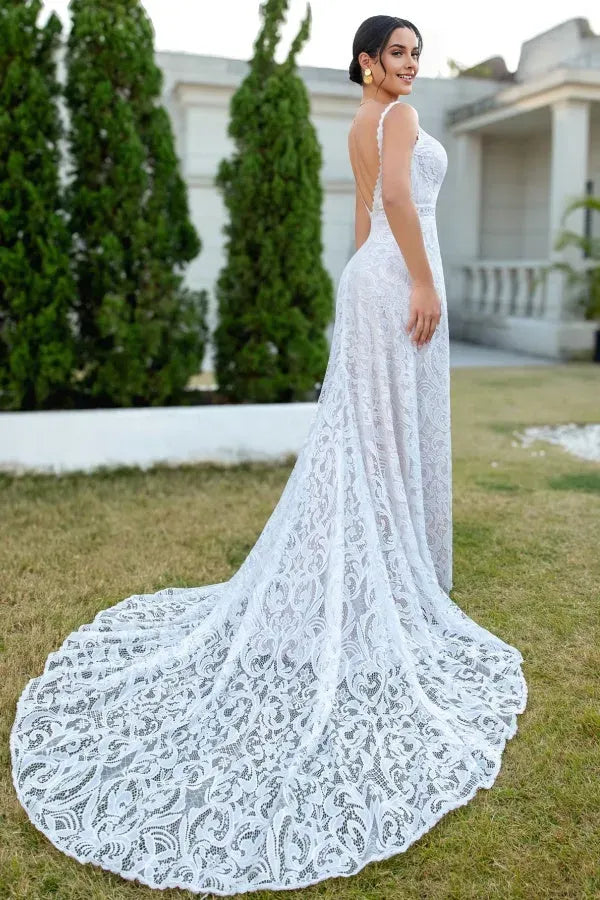 Glamorous Sheath Low V Neck Spaghetti-Strap Lace-Embroidered Open-Back Court Train Wedding Dress