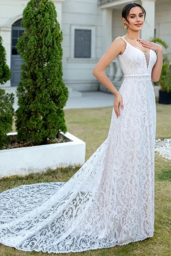 Glamorous Sheath Low V Neck Spaghetti-Strap Lace-Embroidered Open-Back Court Train Wedding Dress
