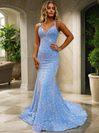 Glamorous Sheath Mermaid Sequins V-Neck Sleeveless Crisscross-Back Sweep/Brush Train Prom Dresses