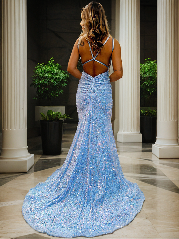 Glamorous Sheath Mermaid Sequins V-Neck Sleeveless Crisscross-Back Sweep/Brush Train Prom Dresses