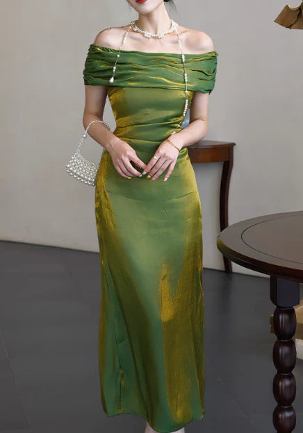 Glamorous Sheath Off-the-Shoulder Metallic Green Ankle-Length Evening Dress