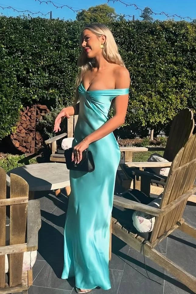 Glamorous Sheath Off-the-Shoulder Satin Aqua Floor-Length Prom Dress