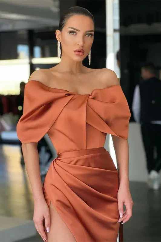 Glamorous Sheath Off Shoulder Bow Ruched Copper Floor-Length Prom Dress For Women