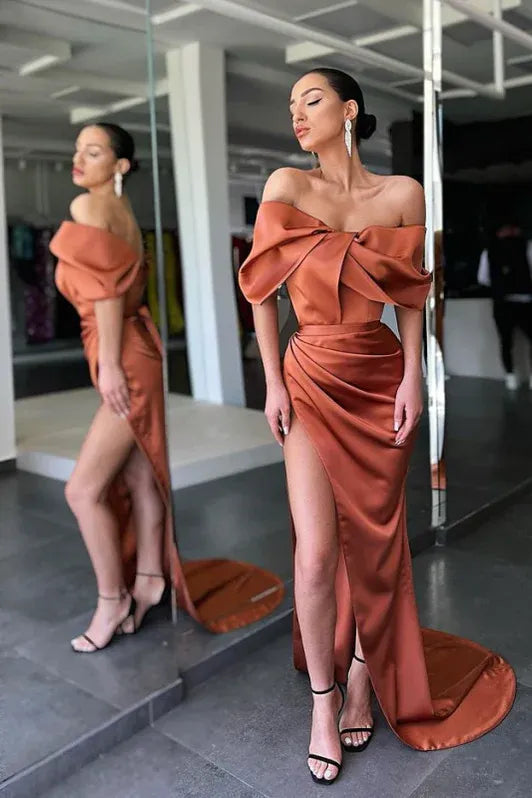 Glamorous Sheath Off Shoulder Bow Ruched Copper Floor-Length Prom Dress For Women
