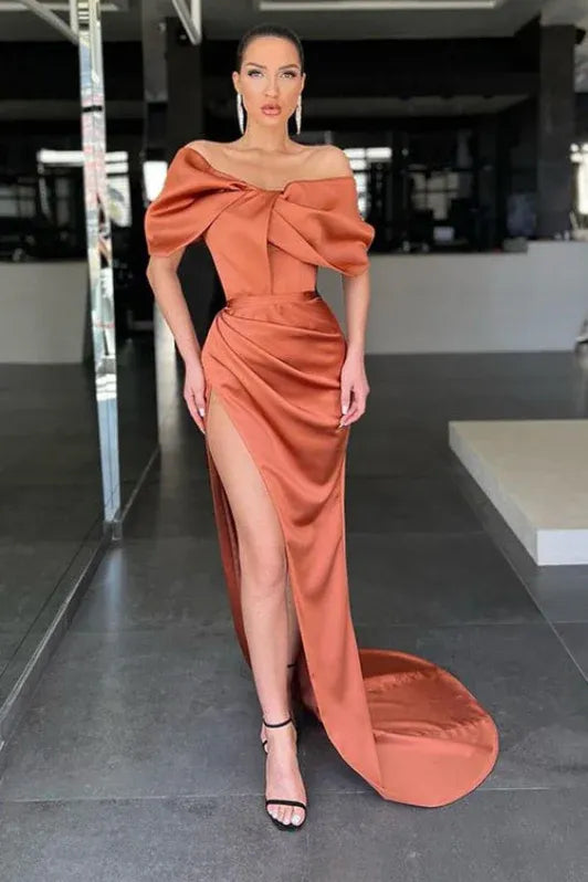 Glamorous Sheath Off Shoulder Bow Ruched Copper Floor-Length Prom Dress For Women