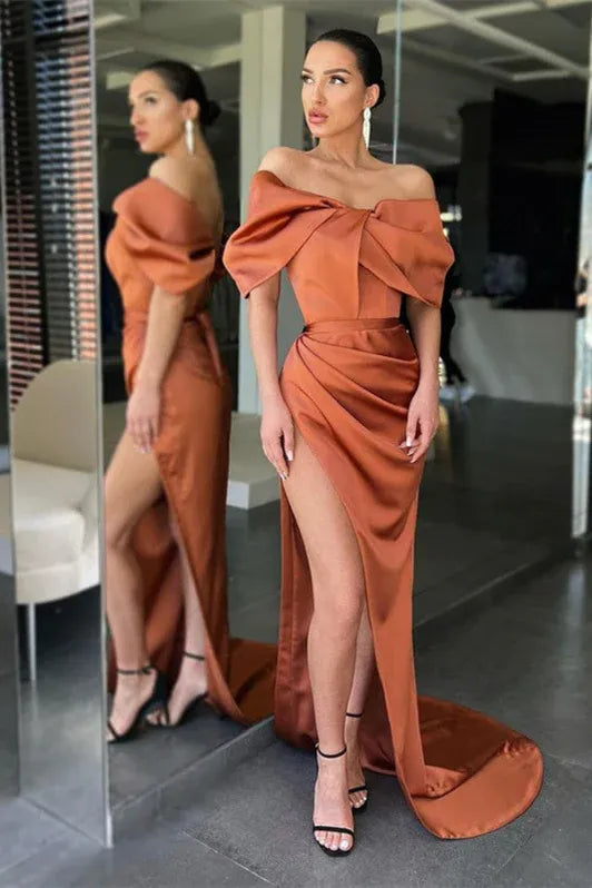 Glamorous Sheath Off Shoulder Bow Ruched Copper Floor-Length Prom Dress For Women