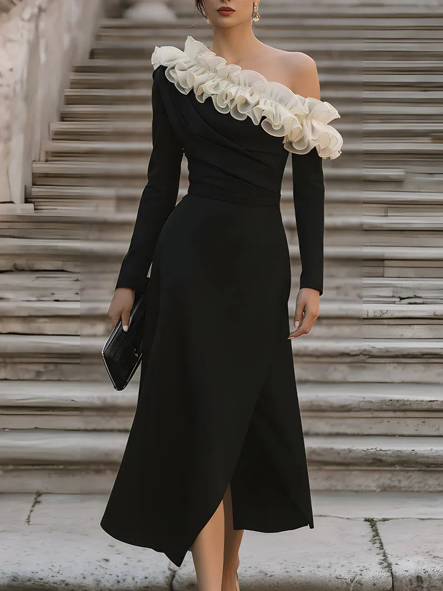 Glamorous Sheath One Shoulder Long Sleeves Pleated Ruffled Black Midi Prom Dresses