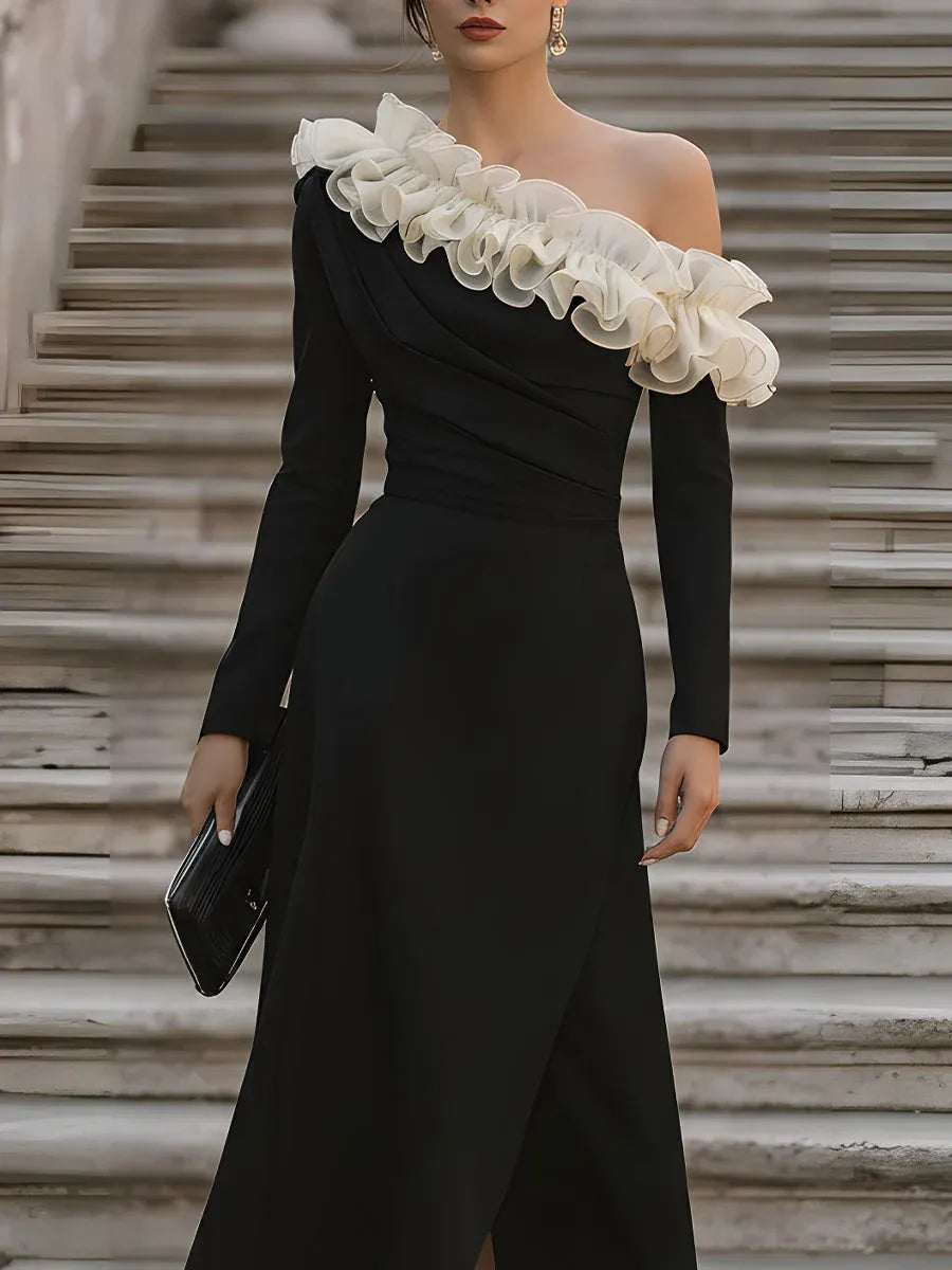 Glamorous Sheath One Shoulder Long Sleeves Pleated Ruffled Black Midi Prom Dresses