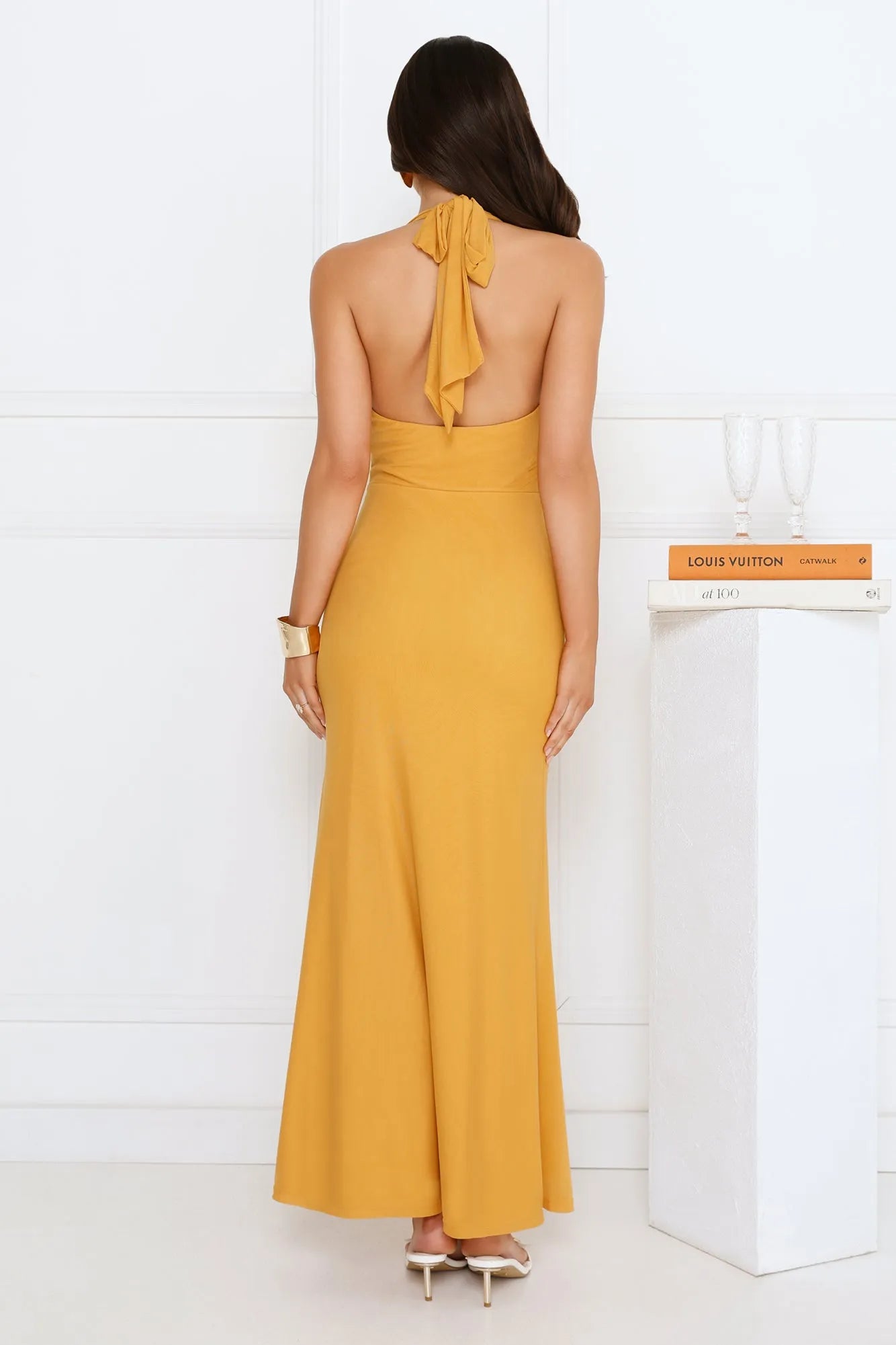 Glamorous Sheath Orange Halter Cowl Neck Sleeveless Ruched Tie-Back Ankle-Length Prom Dresses