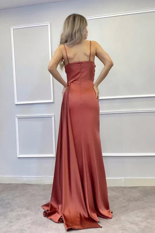 Glamorous Sheath Spaghetti Strap Beaded Terracotta Floor-Length Prom Dresses