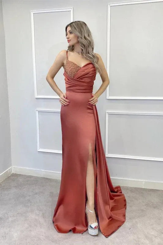 Glamorous Sheath Spaghetti Strap Beaded Terracotta Floor-Length Prom Dresses
